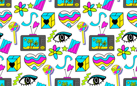 Trendy 90s style seamless pattern with neon items elements,Fashion texture with patch, stickers. Pop art wallpapers, textile and wrapping print. Vector illustration.のイラスト素材