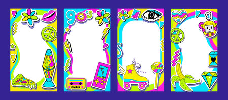 Y2K template poster for 90s retro design with lava lamp, cassette, nostalgia set. Trendy aesthetic frame photo. Flat vector illustration.のイラスト素材