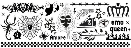 Y2k 2000s black grunge emo goth aesthetic stickers, tattoo art elements and slogan. Punk rock gloomy set. Gothic concept of creepy love. Vector illustration.のイラスト素材