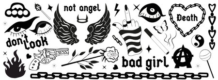 Y2k 2000s black grunge emo goth aesthetic stickers, tattoo art elements and slogan. Punk rock gloomy set. Gothic concept of creepy love. Vector illustration.のイラスト素材