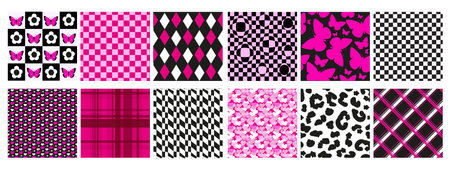 Y2k glamour emo pink seamless patterns set. 2000s aesthetic. Retro psychedelic texture with Butterfly, heart, chessboard.Vector illustration.のイラスト素材