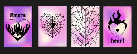 y2k emo poster fire, spider web hearts. Vector illustration.のイラスト素材