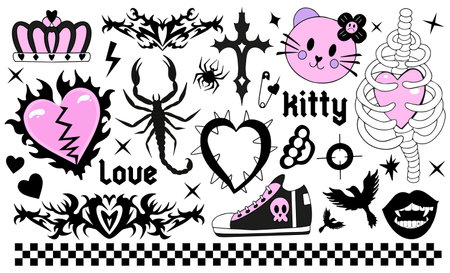 Y2k 2000s cute emo goth aesthetic stickers, tattoo art elements and slogan. Vintage pink and black glowy set. Gothic concept of creepy love. Vector illustration.のイラスト素材