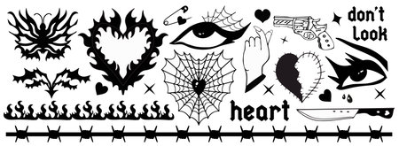 Y2k 2000s black grunge emo goth aesthetic stickers, tattoo art elements and slogan. Punk rock glow set. Gothic concept of creepy love. Vector illustration.のイラスト素材