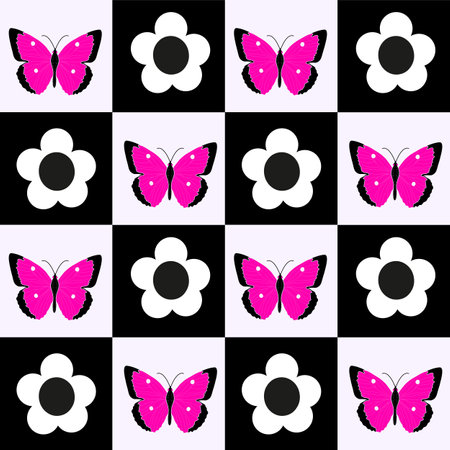 Vector pink seamless pattern with butterflies. Stylish graphic texture. Monochrome repeating background. vector illustrationのイラスト素材