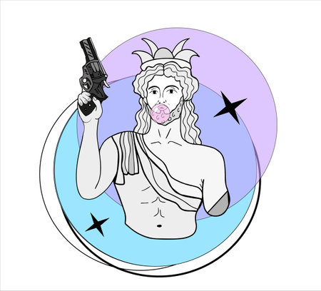 Creative modern sculpture with revolver and gum. Greece mythology sculptures. Ancient Greek statues hand drawn line.のイラスト素材