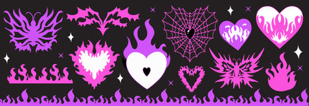 y2k gothic flame tattoo pink stickers. Retro psychedelic love art, barbed wire, fire, butterfly, heart. Aesthetic 2000s emo goth girl. Vector illustration.のイラスト素材