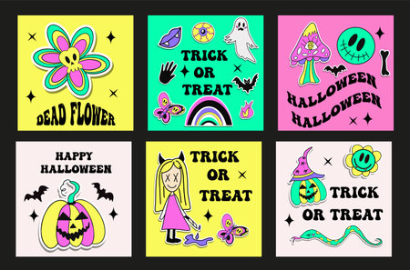 Set posters for Halloween with trendy illustrations. Trendy groovy style cards. Vector illustration.のイラスト素材