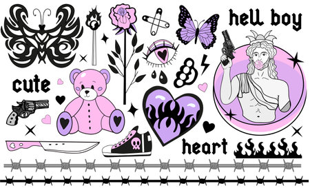 Y2k 2000s cute emo goth aesthetic stickers, tattoo art elements and slogan. Vintage pink and black glowy set. Gothic concept of creepy love. Vector illustration.のイラスト素材
