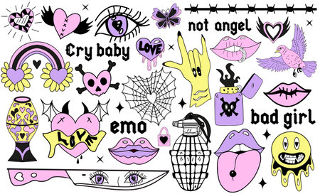 Y2k 2000s cute emo goth aesthetic stickers, tattoo art elements and slogan. Vintage pink and black glowy set. Gothic concept of creepy love. Vector illustration.のイラスト素材