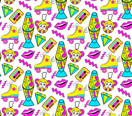 Trendy 90s style seamless pattern with neon items elements,Fashion texture with patch, stickers. Pop art wallpapers, textile and wrapping print. Vector illustration.のイラスト素材