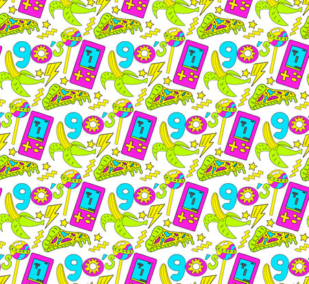 Trendy 90s style seamless pattern with neon items elements,Fashion texture with patch, stickers. Pop art wallpapers, textile and wrapping print. Vector illustration.のイラスト素材