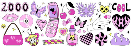 Y2k 2000s Glamorous set. 90s and 2000s style. Nostalgia 00s collection pink with retro phone and fire heart. Vector illustration.のイラスト素材