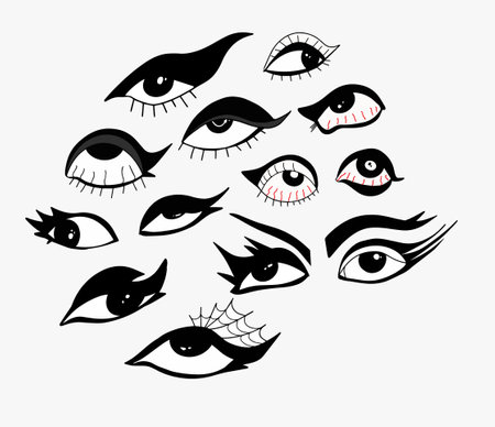 Halftone sticker set eye with gothic makeup. Different eyes, tired, red. Punk,2000x y2k emo style. Vector illustrationのイラスト素材