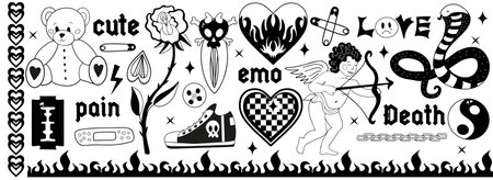 Y2k 2000s black grunge emo goth aesthetic stickers, tattoo art elements and slogan. Punk rock gloomy set. Gothic concept of creepy love. Vector illustration.のイラスト素材