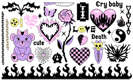 Y2k 2000s cute emo goth aesthetic stickers, tattoo art elements and slogan. Vintage pink and black gloomy set. Gothic concept of creepy love. Vector illustration.のイラスト素材