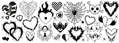 Y2k 2000s cute emo goth hearts stickers, tattoo art elements . Vintage black gloomy set heart. Gothic concept of creepy love. vector illustrationのイラスト素材