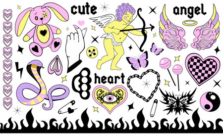 Y2k 2000s cute emo goth aesthetic stickers, tattoo art elements and slogan. Vintage pink and black gloomy set. Gothic concept of creepy love. Vector illustration.のイラスト素材