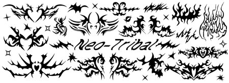 Y2k Neo tribal shapes set. Abstract ethnic shapes in gothic style. modern cyber elements for tattoo design. Vector illustration.のイラスト素材