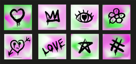 Graffiti drawing emo symbols set. Painted graffiti spray pattern of lightning, arrow, crown, star, heart and smile. Spray paint elements. Vector illustrationのイラスト素材