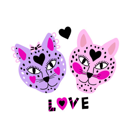 Vector illustration with cartoon tigers with hearts. Valentines Day concept. Cute Pink cat in loveのイラスト素材