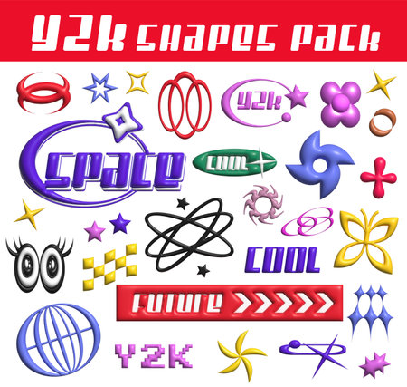 3D neon colored objects set in Y2K style: planets, hearts, stars, flower isolated in white background.High quality photo.の写真素材