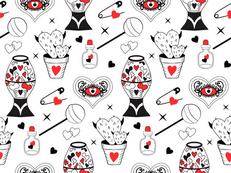 Valentines Day pattern. Love modern print hand drawing with burning heart, flower, rose.Y2k 2000s cute emo goth aesthetic.Vector illustration.のイラスト素材