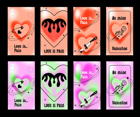 Happy Valentines Day greeting card set. Gradient. Typography poster. y2k aesthetic. Social media template. Digital marketing. Sale promotion. Vector illustration.のイラスト素材