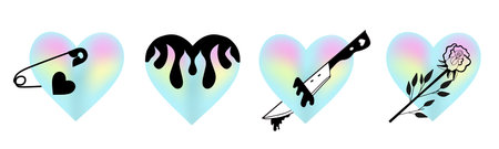 Holographic hearts set. y2k rave foil collection of trendy EMO goth stickers. Vector illustration.のイラスト素材