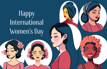 International Womens Day. 8 march. Women of different nationalities and cultures standing together. union of feminists or sisterhood.Vector ai generated illustration.の素材