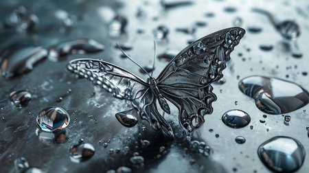 butterfly on mirror surface in water drops. glitter butterfly shining sitting on liquid background with water drops. Ai Generated.の素材