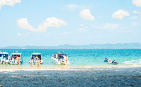 Views of the Islands of Thailand and turquoise water, rocks, yachts or boats.の写真素材