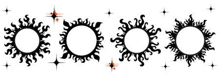 Y2k style flame frame set. Stars, fire, borders. Acid round fantasy border, horror gothic creepy oval. Vector illustrationのイラスト素材
