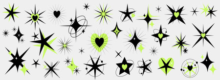 Y2k star icon set.Cute magic shiny element. starburst and retro futuristic graphic ornaments for decoration. Vector illustration.のイラスト素材