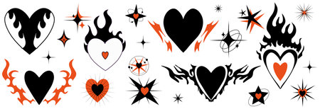 Flame heart set y2k style. Trendy grunge scrawl icon for stickers. Emo gothic heart and star. Vector illustrationのイラスト素材