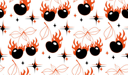 Cherry pattern y2k style. Cherry with burn fire flame background.Tattoo 2000s style print design. Black and red vector illustration.のイラスト素材