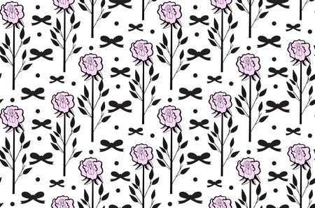Cute emo roses black and white seamless pattern y2k, Hand drawn girly style. Vector illustration.のイラスト素材