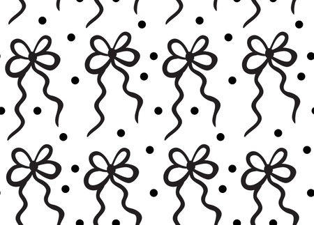 Cute bow ribbons black and white seamless pattern y2k, Hand drawn girly style. Vector illustration.のイラスト素材