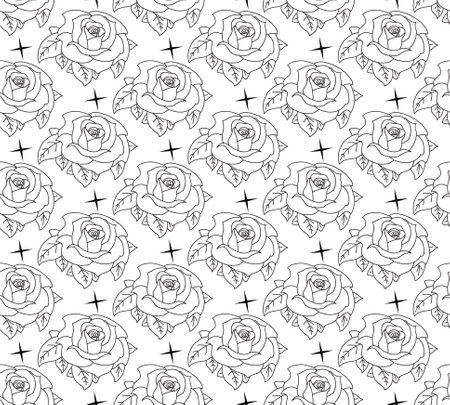 Cute roses black and white seamless pattern y2k, Hand drawn girly style. Vector illustration.のイラスト素材