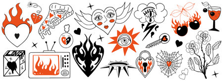 Y2k goth aesthetic stickers, tattoo art elements. black and red grange punk rock set. Vector illustration.のイラスト素材