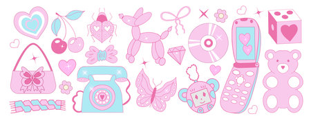 Pink girly retro coquette y2k aesthetic set, elegant vintage accessory. Lovely cute collection, gummy bear, pink ribbon, bow, balloon dog isolated on white background. Vector illustration.のイラスト素材