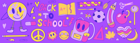 Back to school groovy stickers set in retro 70s style. Psychedelic collection of hippie design elements. School and education doodles hand drawn vector symbols and objectsのイラスト素材