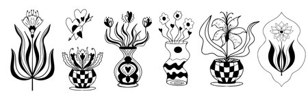 Vintage linocut flowers set decorative stylized black and white flower. Doodle style, graphic for poster. Ornamental cute line drawing. doodle, sketch hand drawn vector illustrationsのイラスト素材