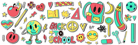Back to school groovy stickers set in retro 70s style. Psychedelic collection of hippie design elements. School and education doodles hand drawn vector symbols and objectsのイラスト素材