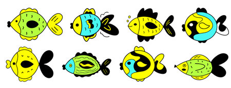 Set of hand drawn funny fishes in sketch style. Vector decorative marine cute collection.のイラスト素材