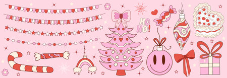 Pink girly coquette christmas set. Merry christmas and happy new year Lovely cute collection, christmas tree decorations with bows, pink ribbon. Vector illustration.のイラスト素材