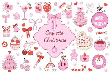 Pink girly coquette christmas set. Merry christmas and happy new year Lovely cute collection, christmas tree decorations with bows, pink ribbon. Vector illustration.のイラスト素材