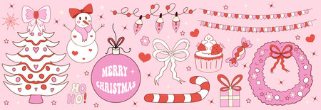 Pink girly coquette christmas set. Merry christmas and happy new year Lovely cute collection, christmas tree decorations with bows, pink ribbon. Vector illustration.のイラスト素材