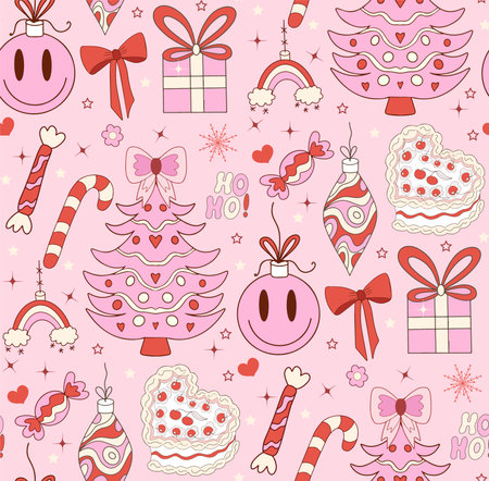 Pink girly coquette christmas pattern. Merry christmas and happy new year Lovely cute textile print. Vector illustration.のイラスト素材