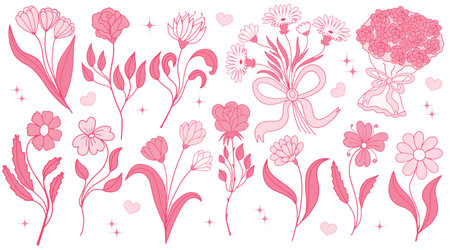 Flower collection with leaves, floral bouquets. Happy Easter flowers. Valentines Day Romance Set isolated on white backgroundのイラスト素材
